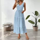Sleeveless V Neck Summer Dress Minimalist Design Solid Color Adjustable Tie Casual Wear for Wome