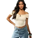Womens Off Shoulder Short Sleeve Top Fashionable Metal Button Slim Fit Cropped Design Casual Wea