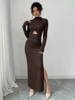 Elegant Long Sleeve Bodycon Dress Sexy Side Slit Waist Cutout Mid Length Spring Summer Fashion W