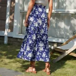 High Waisted Floral Midi Skirt Slim Fit Blue Color Comfortable Fabric Casual Wear Summer Style W