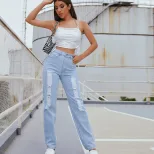 High Waisted Harem Jeans Distressed Design Loose Fit Trendy Style Casual Wear for Women Wholesal