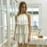Summer Womens White Ruffled Mini Dress French Style Sleeveless Layered Design Perfect for Casual