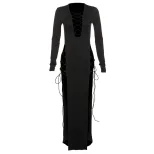 Elegant Long Sleeve Maxi Dress Deep V Neck High Slit Solid Color Slim Fit Spring Summer Fashion