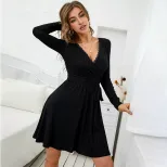 Sexy V Neck Lace Trimmed Knit Long Sleeve Dress Elegant Design Comfortable Fabric Perfect for Pa