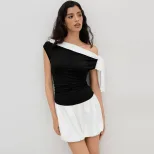 Elegant Black and White Color Block Sleeveless Top Slim Fit Off Shoulder Bow Tie Detail Perfect