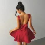 Red A Line Dress Fitted Square Neck Backless Short Hem Spring Summer Fashion Wholesale Available