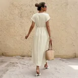 Vacation Style Maxi Dress Solid Color Textured Fabric V Neck Flutter Sleeves Perfect for Summer