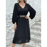 French V Neck Long Sleeve Dress Stylish Pom Detail Chic Casual Wear for Women Ready to Ship OEM