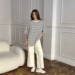 Womens Black and White Striped Short Sleeve T Shirt Color Block Loose Fit Round Neck Casual Top