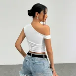 Asymmetrical Shoulder Knit T Shirt Slim Fit Sexy Design Comfortable Fabric Casual Wear for Women