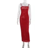Red Lace Strapless Bodycon Maxi Dress French Style Elegant Fit High Quality Fabric Perfect for E
