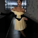 Off Shoulder Dress French Court Style Slim Fit Flared Sleeves Elegant Design Autumn Collection W