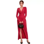 Elegant Red French Style Dress for Women Long Split Design Autumn Winter Sophisticated Look Whol