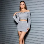 Off Shoulder Long Sleeve Crop Top Stylish Design High Waist Drawstring Fall Fashion Perfect for