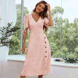 Vintage Floral Midi Dress Slim Fit V Neck Puff Sleeves Side Slit Perfect for Spring Summer Event