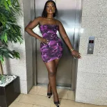 Fashionable Womens Bodycon Color Block Ruched Dress Floral Print Off Shoulder Sleeveless Ideal f