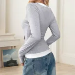Womens Long Sleeve T Shirt Korean Style Trendy Design Layered Look Spring Summer Fashion Wholesa