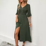 Elegant V Neck Flare Sleeve Midi Dress Solid Color Summer Style Perfect for Casual or Formal Occ