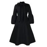 Fashionable High Waisted Lantern Sleeve Dress Plus Size Bow Tie Flared Skirt Spring Summer Occas