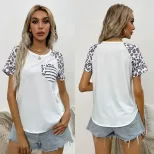 Casual Womens T Shirt Round Neck Short Sleeve Color Block Leopard Print Summer Wear Wholesale Av