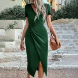 V Neck Knotted Waist Midi Dress Elegant Solid Color Split Design Comfortable Knit Fabric Perfect