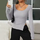 Slim Fit Long Sleeve U Neck T Shirt Asymmetrical Design Cut Out Detail Short Length Casual Wear