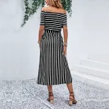 Off Shoulder Striped Summer Dress Casual Minimalist Style Comfortable Fit Perfect for Beach or O