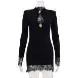 Fashionable Bodycon Dress Qipao Collar Hollow Chest Design Solid Color Slim Fit Evening Wear Par