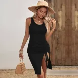 Sleeveless Round Neck Bodycon Dress Solid Color Side Slit Elegant Style Perfect for Vacation Who