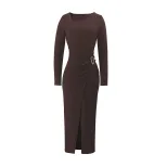 Slim Fit Knitted Dress for Women Deep Brown Color Asymmetrical Neckline Metal Ring Detail Side S