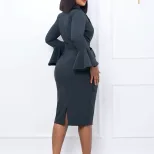 Elegant V Neck Bodycon Dress Bell Sleeves Split Hem Autumn Winter Style Wholesale Womens Fashion