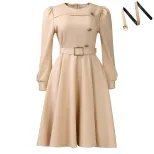 A Line Dress Long Sleeve High Waist Round Neck Solid Color Elegant Party Wear Wholesale Availabl