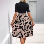 Elegant Summer Dress Color Block Design Half High Neck Comfortable Fabric Perfect for Office Wea