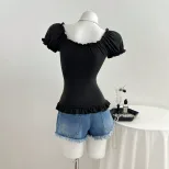 Summer Womens T Shirt Sweet Style Puff Sleeves Bow Tie Design Casual Wear Ready to Ship OEM ODM