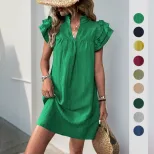 Summer Casual Loose Straight Dress Stand Collar Solid Color Comfortable Fabric Vacation Wear Who