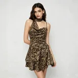 Leopard Print Halter Neck Dress Backless Ruffled Hem Slim Fit Sexy Style for Petite Women Wholes