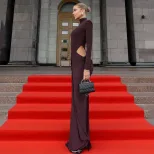 High Neck Long Sleeve Dress Solid Color Ruffled Design Hollow Out Elegant Style Perfect for Autu