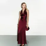 Backless Satin Midi Dress Deep V Neck Halter Neck Slim Fit Elegant Wine Red Cocktail Party Eveni