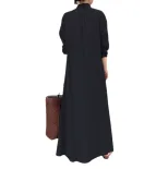 Cotton Linen Long Sleeve Shirt Dress Solid Color Pocket Design Loose Fit Casual Everyday Wear Re