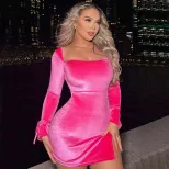 Velvet Bodycon Dress Square Neck Long Sleeve Side Slit Slim Fit Party Wear for Women Wholesale A