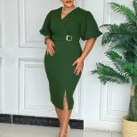 Fashionable V Neck Puff Sleeve Bodycon Dress Solid Color Waist Defined Side Slit Perfect for Par