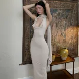Elegant Halter Neck Bodycon Dress Slim Fit Flowing Ribbons High Quality Fabric Evening Wear Cock