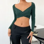 V Neck Long Sleeve Crop Top for Women Slim Fit Waist Design Casual Chic Style Available in Green Wholesale Options