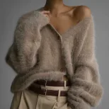 Womens Oversized Knit Cardigan Soft Faux Mink Fabric Long Sleeves Casual Style Perfect for Sprin