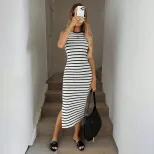 Sleeveless Knitted Bodycon Dress Striped Minimalist Design Side Slit Summer Casual Wear Wholesal