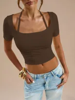 Womens Cropped T Shirt Sweet and Spicy Style Slim Fit Square Neck Short Sleeve Casual Wear Ready