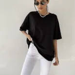 Womens Loose Fit Solid Color Short Sleeve Cotton T Shirt Casual Style Versatile Comfortable Whol