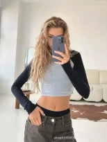 Long Sleeve Cropped T Shirt Slim Fit Color Block Raglan Sleeve Knit Fabric Casual Wear for Autum