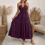 Casual Vacation Style Halter Neck Maxi Dress Solid Color Layered Design Flowy Silhouette Perfect