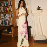 Fashion Floral Print Sleeveless Maxi Dress Sexy Off Shoulder Design Elegant Draped Neckline Perf